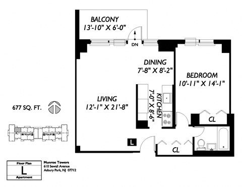Floor plan for 1 bed, 1 bath, 677 sqft